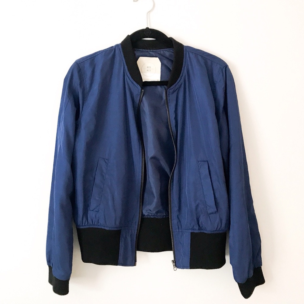 Anthro Blue Silky Bomber Jacket